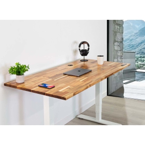 Business Sit and Stand Desk - Acacia Reinforced Solid Wood Tabletop on White Frame Medium (59"x29") with Built-in Wireless Charging Pad and Under Desk Cable Management Tray