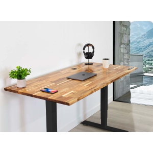 Business Sit and Stand Desk - Acacia Reinforced Solid Wood Tabletop on Black Frame Medium (59"x29") with Built-in Wireless Charging Pad and Under Desk Cable Management Tray