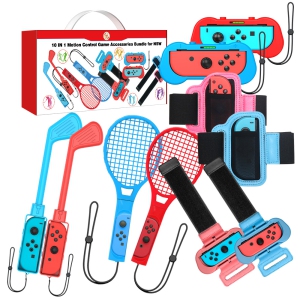 10 in 1 Switch Sports Accessories Kit for Nintendo Switch, Family Sports Game Kit Somatosensory Set for Joycon Mario with Controller Grips, Tennis Rackets, Golf Clubs, Wrist & Leg