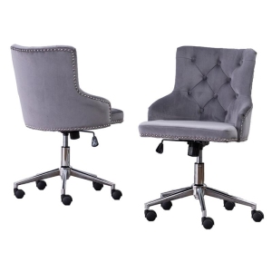 Chaise de bureau pivotante en velours gris foncé avec siège en acier inoxydable et tufted