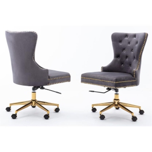 Chaise de bureau pivotante en velours gris foncé avec chrome or et dossier de siège tufted