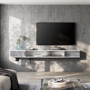 WAMPAT Wall Mounted Media Console with Power Outlets 70", Floating TV Stand Component Shelf for 70 inches TV, Entertainment Storage Shelf for Living Room,White&Grey