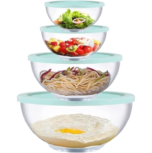 Glass Mixing Bowl Set with Lids, 4 Pieces Glass Salad Bowl Set with Lids (0.6QT, 1.1QT, 2.2QT,4QT) High Brosilicate
