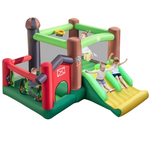 Patiojoy Inflatable Bounce 6-in-1 Bouncer Castle w/ Double Slides Jump Area Ocean Balls Basketball Rim for Kids Aged 3+ Indoor/Outdoor (without Blower)