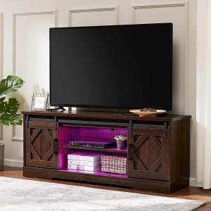 WAMPAT TV Stand with 16 Colors Changeable LED Lights for 65 inch TV Farmhouse Modern Entertainment Centre TV Console with Sliding Barn Door for Living Room, Rustic Brown