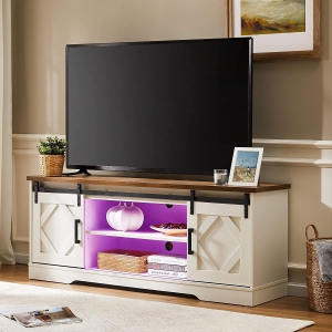 WAMPAT Farmhouse TV Stand with RBG LED Light for 65 inch TV Modern Entertainment Centre TV Console with Sliding Barn Door for Living Room, White