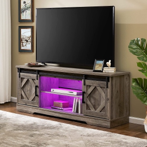 WAMPAT Farmhouse TV Stand with 16 Colors Changeable LED Lights for 65 inch TV Modern Entertainment Centre TV Console with Sliding Barn Door for Living Room, Wash Grey