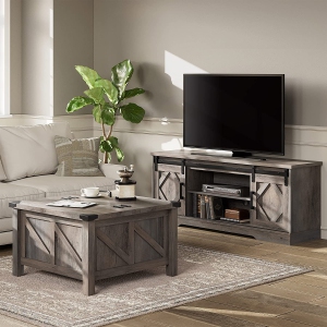 WAMPAT Living Room Table Set of 2,1 Sliding Barn Door TV Stand and 1 Square Wood Coffee Table with Gas Struts Flip-Top for Extra Large Hidden Storage, Rustic Grey