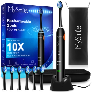 MySmile Electric Toothbrush for Adults, Rechargeable Sonic Electronic Toothbrush with 6 Bbrush Heads and Travel Case, 2 Mins 5 Modes Smart Timer, 48000VPM (Black)