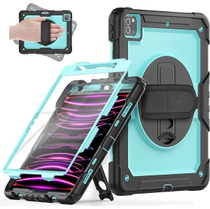 T iPad Pro 12.9 Case 2022/2021/2020, iPad Pro12.9 6th/5th/4th Gen Shockproof Protective Case with Screen Protector, Pen holder Rotating Stand,Hand/Shoulder Strap,Support Pencil 2 C
