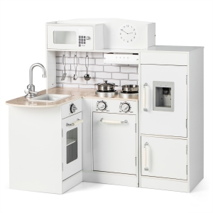 Costway Kids Corner Kitchen Playset Wooden Play Kitchen with Microwave&Fridge for Toddlers