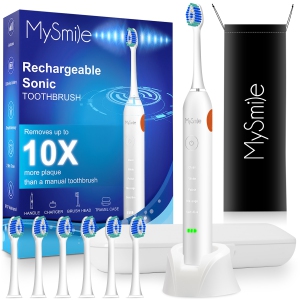 MySmile Electric Toothbrush for Adults, Rechargeable Sonic Electronic Toothbrush with 6 Bbrush Heads and Travel Case, 2 Mins 5 Modes Smart Timer, 48000VPM (White)
