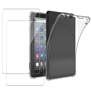 Tablet Case for Amazon Fire 7/Fire 7 Kids 2022 7inch, Flexible Ultra Slim Reinforced Corners Transparent Cover Crystal Shockproof Rugged Back Case with 2 Tempered Glass Screen Prot