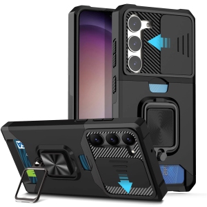 Samsung Galaxy S23 Case, with Slide Camera Cover/Ring Kickstand & Card Holder Compatible Magnetic Car Mount Rugged Heavy Duty Military Grade Protective Cell Phone Case, Black
