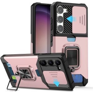 Samsung Galaxy S23 Case, with Slide Camera Cover/Ring Kickstand & Card Holder Compatible Magnetic Car Mount Rugged Heavy Duty Military Grade Protective Cell Phone Case, Rose Gold