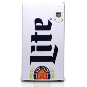 Miller Lite Compact Fridge w/ Bottle Opener, 3.2 cu ft (90L), White, Space-Saving Flat Back Design, Reversible Door, Tempered Glass Shelves, Licensed Miller Lite Artwork.
