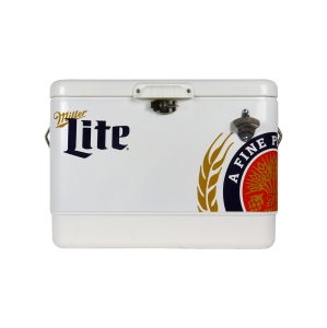 Miller Lite Ice Chest Beverage Cooler with Bottle Opener, 51L (54 qt), 85 Can Steel-Belted Portable Cooler, White and Black, for Camping, Beach, RV, BBQs, Tailgating, Fishing