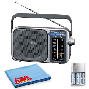 Panasonic Portable AM / FM Radio Silver + 4x AA Batteries With Charger + Cloth Bundle