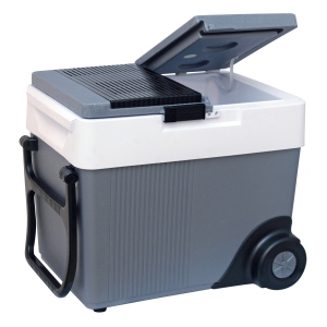Koolatron Thermoelectric Iceless 12V Cooler/Warmer 33 qt (31 L) w/Wheels, Portable Electric Rolling Car Fridge w/ 12 Volt DC Power Cord, Grey/White, Travel Road Trips Camping.