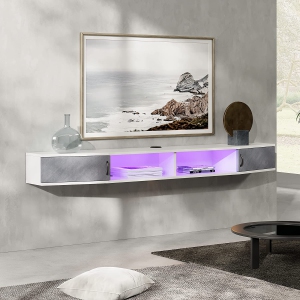 WAMPAT 70 Inch Floating TV Stand with Charging Station, White Entertainment Center Wall Mounted with Door Cabinet, LED Floating Media Console for Living Room