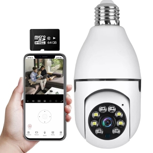 NIERBO WiFi Light Bulb Camera Wireless 1080P 360 Degree Panoramic Cam Home Surveillance Camera System with Night Vision Motion Detection and Alarm, 64Gb TF Card