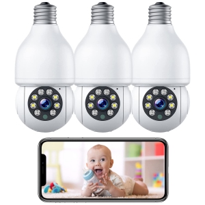 NIERBO HD 3.0MP Light Bulb Security Camera Outdoor Wireless 2.4G WiFi 360 Indoor, 2 Way Audio/Night Vision, Smart Motion Detection, 3 Pack
