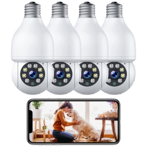 NIERBO HD 3.0MP Light Bulb Security Camera Outdoor Wireless 2.4G WiFi 360 Indoor, 2 Way Audio/Night Vision, Smart Motion Detection, 4 Pack