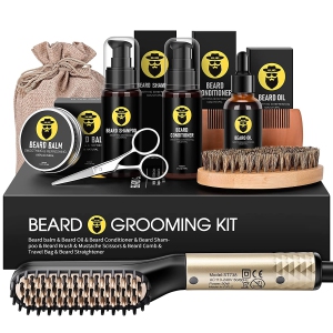 A|M Ushai Beard Straightener Kit, Beard Growth Grooming Kit, Beard Straightener, Beard Growth Oil, Beard Wash Shampoo, Conditioner, Balm, Wax, Comb, Brush, Scissor, Bag
