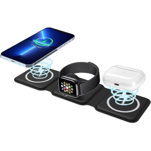 Nouveau AMIR chargeur sans fil pliable 3 en 1, tapis de chargement sans fil magnétique rapide, compatible avec iPhone 14/13/12/SE/11, Samsung Galaxy, Apple Watch, AirPods Pro, Noir (sans adaptateur)