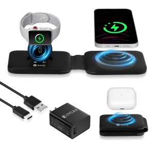 AURTEC Foldable Magnetic Wireless Charging Station, 15W Fast Charging, 3-in-1 Wireless Charger with QC3.0 Adapter, Compatible with iPhone 14/13/12/11/X/8, Samsung Galaxy, iWatch, A