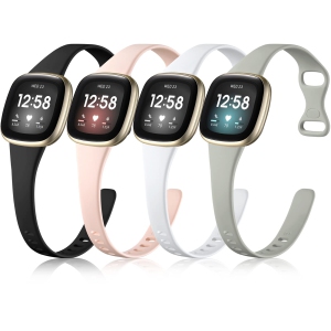 Getino Compatible with Fitbit Sense 1/2 Versa 3/4 Bands for Women Men, Flexible Thin Soft Silicone Replacement Strap Slim Band for Fitbit Versa 3/4 Sense 1/2 Watch, 4Pack