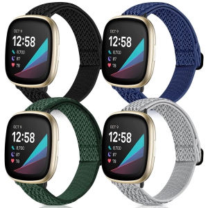 4 Pack Stretchy Bands Compatible with Fitbit Versa 3/Fitbit Versa 4/Fitbit Sense 2/Fitbit Sense Bands Women Men, Adjustable Elastic Soft Loop Nylon Breathable Replacement Straps fo