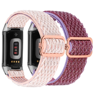 2 Packs Compatible with Fitbit Charge 5 Bands for Women Men Adjustable Elastic Woven Nylon Strap Solo Loop Sport Bracelet Wristband for Charge 5 Advanced Fitness Tracker, Rose Pink