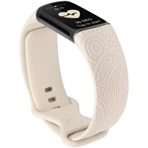 Fitbit Charge 5 Bands for Women Men Soft Silicone Sport Strap Laser Engraved Flower Pattern Replacement Wristband for Charge 5 Fitness Tracker Accessories, Beige/Small