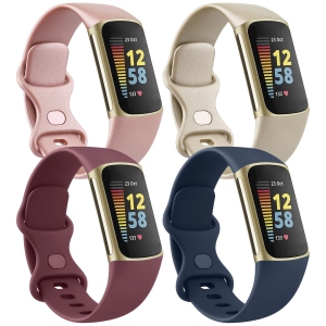 4 Pack Bands Compatible with Fitbit Charge 5 Bands Women Men, Soft Sport Waterproof Replacement Wristbands Strap for Fitbit Charge 5 Advanced Fitness Tracker (Small, Rose Gold/Gold