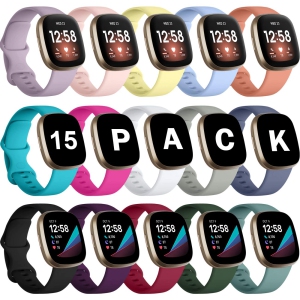 Fitbit Versa 3/Versa 4 Bands for Women Men, 15 Pack Sport Band for Fitbit Sense/Sense 2 Bands for Women Men, Classic Soft Flexible Replacement Strap for Fitbit Versa 3 Bands Small