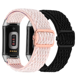 2 Packs Compatible with Fitbit Charge 5 Bands for Women Men Adjustable Elastic Woven Nylon Strap Solo Loop Sport Bracelet Wristband for Charge 5 Advanced Fitness Tracker, Rose Pink