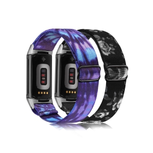 2 Packs Compatible with Fitbit Charge 5 Bands for Women Men Adjustable Elastic Solo Loop Strap Soft Nylon Sport Wristband Accessories for Charge 5 Fitness Tracker, Tie Dye+Black Gr