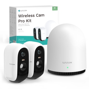 WUUK No Subscription Outdoor Security Cameras with 32GB Storage Base Station, 2 Wireless Cameras Included, 2K Resolution, Wi-Fi Connectivity, Compatible with Alexa and Google Home