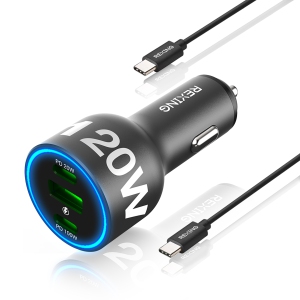 Rexing 120W Vehicle Quick Charger with 2 USB-C & 1 USB Port Compatible with iPhone and Samsung Note - Gray