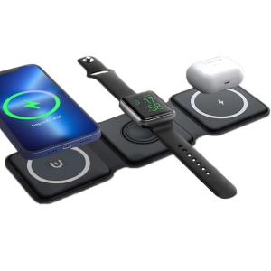 Station de charge sans fil magnétique MotionGrey - Noir, chargeur sans fil pliable 3 en 1 pour iPhone, AirPods, Apple Watch, téléphone