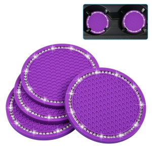 Bling Car Coasters, 4 Pack PVC Car Cup Holder Insert Coaster - Anti Slip Universal Vehicle Interior Accessories Crystal Glitter Cup Mats for Women and Men (2.75" Diameter, Purple)