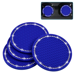 Bling Car Coasters, 4 Pack PVC Car Cup Holder Insert Coaster - Anti Slip Universal Vehicle Interior Accessories Crystal Glitter Cup Mats for Women and Men(2.75 inch Diameter, Blue)