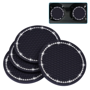 Bling Car Coasters, 4 Pack PVC Car Cup Holder Insert Coaster - Anti Slip Universal Vehicle Interior Accessories Crystal Glitter Cup Mats for Women and Men(2.75" Diameter, Black)