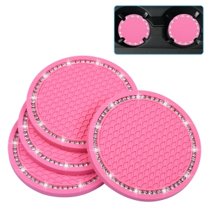 Bling Car Coasters, 4 Pack PVC Car Cup Holder Insert Coaster - Anti Slip Universal Vehicle Interior Accessories Crystal Glitter Cup Mats for Women and Men (2.75" Diameter, Pink)