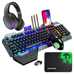NIERBO Wireless Gaming Keyboard Mouse and Bluetooth Headset Kit with 16 RGB Backlit Rechargeable Battery Metal Mechanical Ergonomic Waterproof Removable Palm Rest(Rainbow RGB)