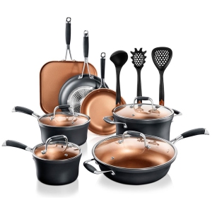 14-Piece Nonstick Kitchen Cookware Set - PFOA/PFOS-Free Heat Resistant Lacquer Kitchen Ware Pots Pan Set Copper/Hard-Anodized - Saucepot Pans Cooking Pot Jumbo Cooker Lid Utensil