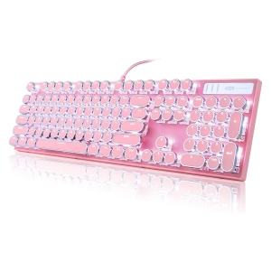 NIERBO Typewriter Style Pink Retro Punk Gaming Keyboard with White Backlit, 104 Keys Blue Switch Wired Keyboard, Round Keycaps for Windows/Mac/PC