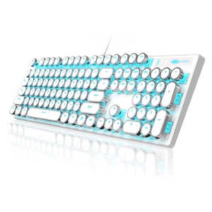 NIERBO Typewriter Style White Retro Punk Gaming Keyboard with Blue Backlit, 104 Keys Blue Switch Wired Cute Keyboard, Round Keycaps for Windows/Mac/PC