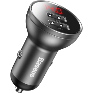 Baseus USB Car Charger 24W/4.8A Metal Mini Dual USB Fast Car Charger Digital Display Adapter for iPhone 14/13/11 Pro Max XS, iPad Pro Air Mini, Samsung, LG, OnePlus, Pixel